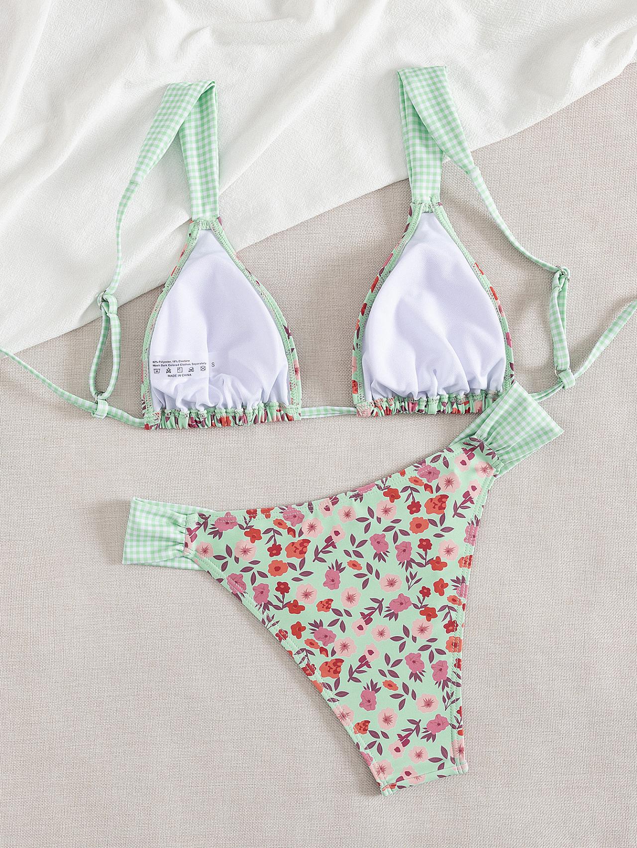 Boho Floral Check Bikini with Adjustable Tie