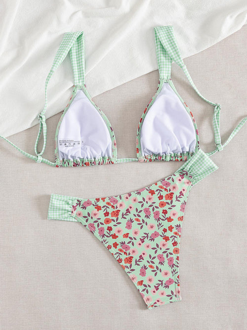Boho Floral Check Bikini with Adjustable Tie