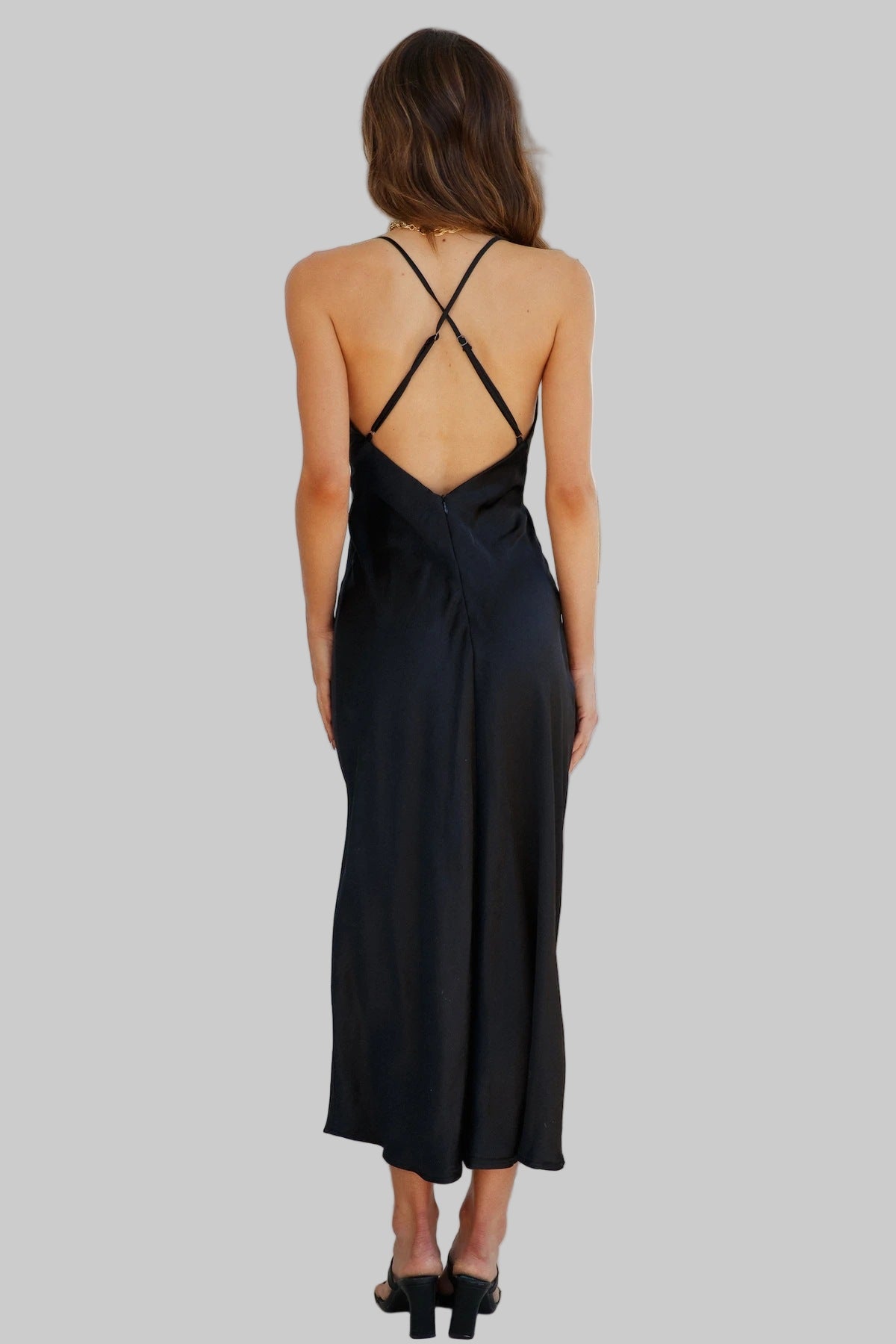 Criss Cross Back V-Neck Satin Dress