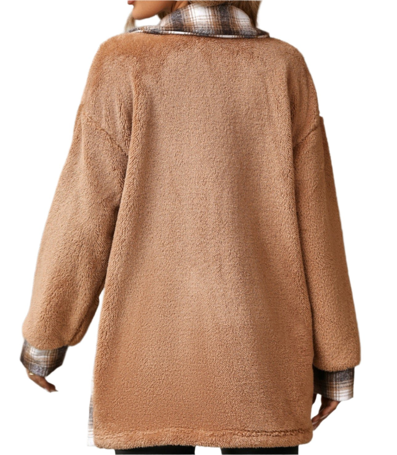Single-Breasted Collared Mid-Length Plaid Plush Coat