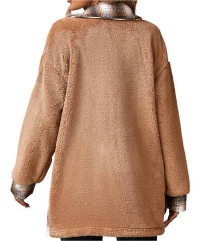 Single-Breasted Collared Mid-Length Plaid Plush Coat