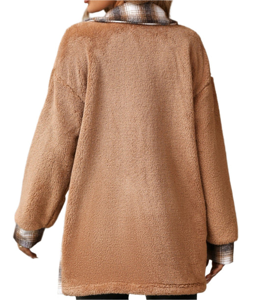 Single-Breasted Collared Mid-Length Plaid Plush Coat