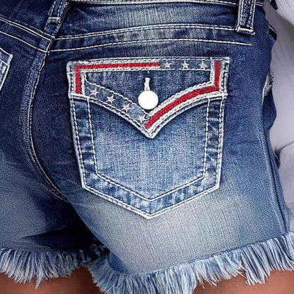 Embroidered Frayed Denim Shorts