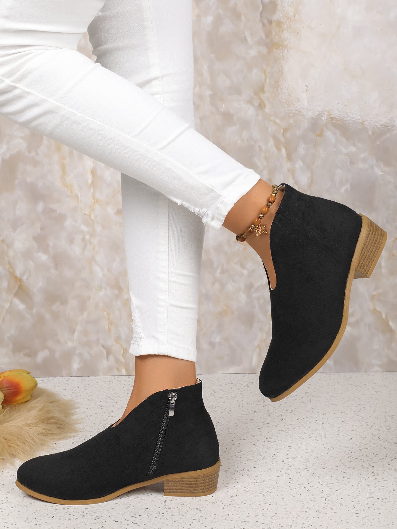 Side Zipper Round Toe V-Cut Suede Ankle Boots