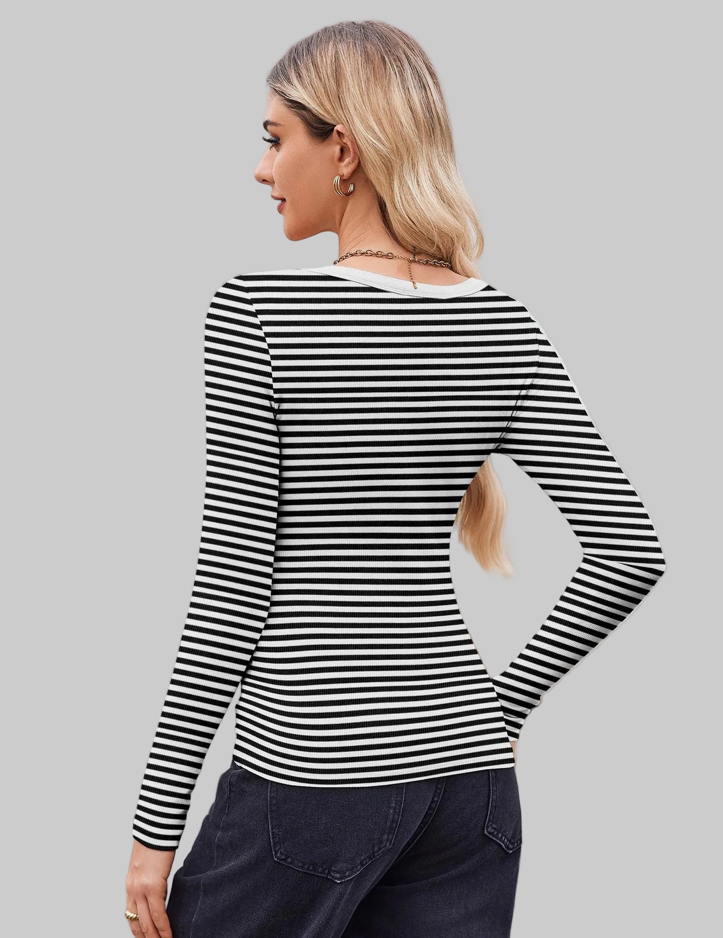 Striped Slim U-Neck Sexy Long Sleeve Top