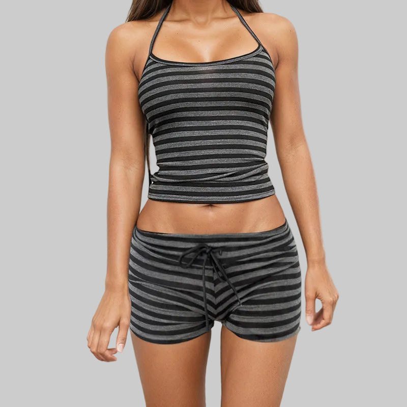 Sexy Striped Halter Top Drawstring Shorts Two Piece Set