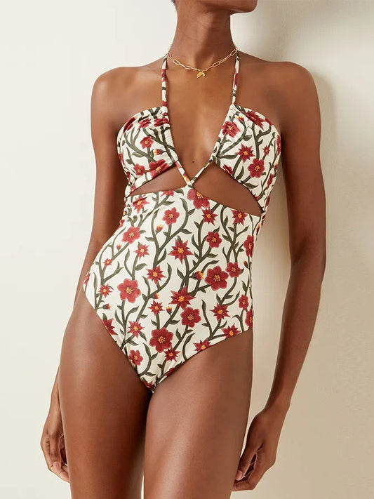 Conservative Hollow Cutout Tied Halter Gauze Swimsuit