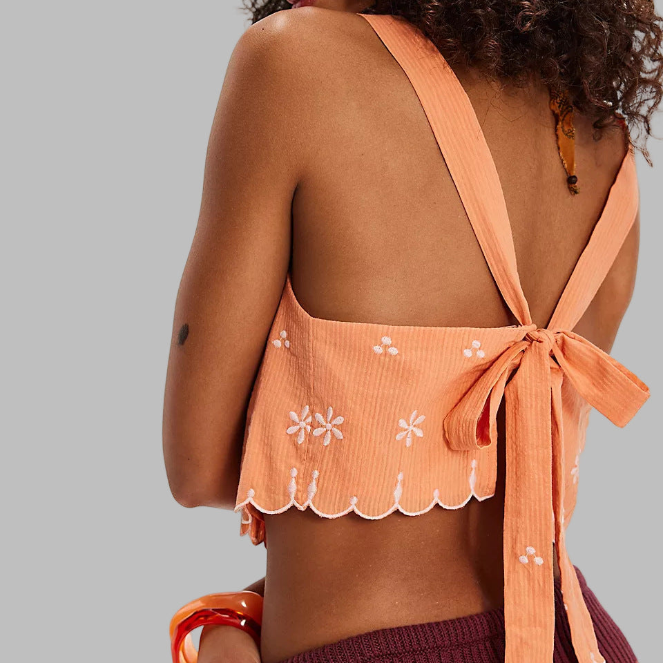 Embroidered Floral Cropped Lace-up Top