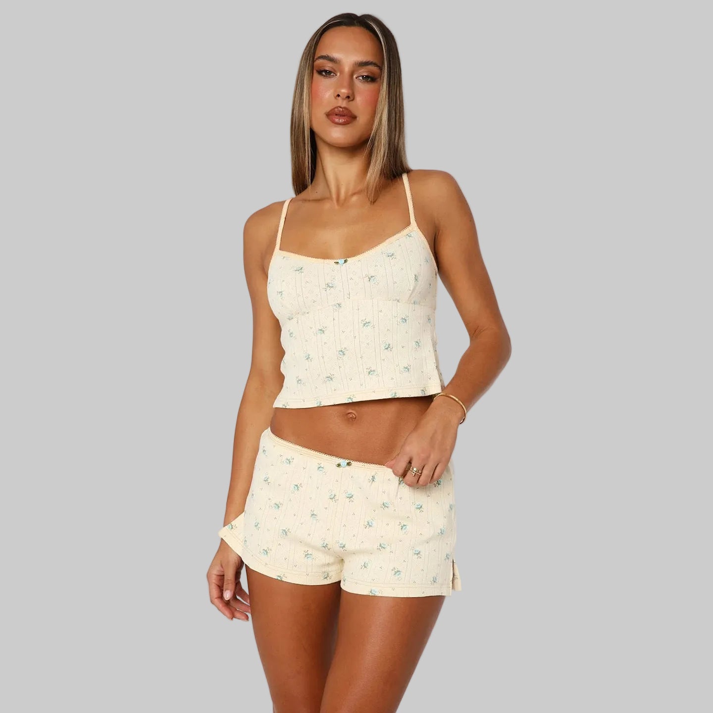 Pastoral Floral Strap Top Shorts Two Piece Set