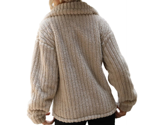 Plush Long Sleeve Collared Mid Length Plush Coat