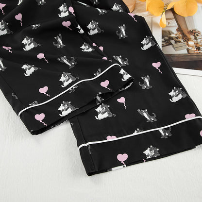 Cute Cat Print Artificial Silk Pajamas Set
