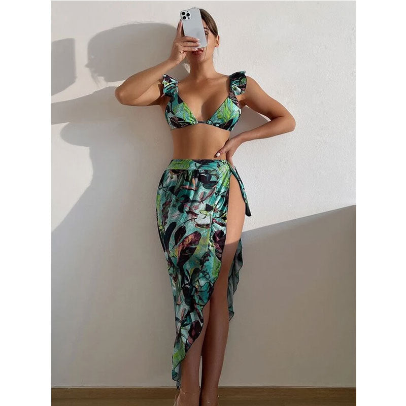 Sexy Ruffled Tied Cover-up Three Piece Suit