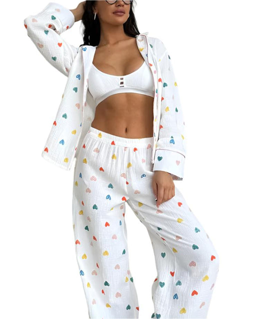 Heart Printed Long Sleeved Two-Piece Pajamas Set