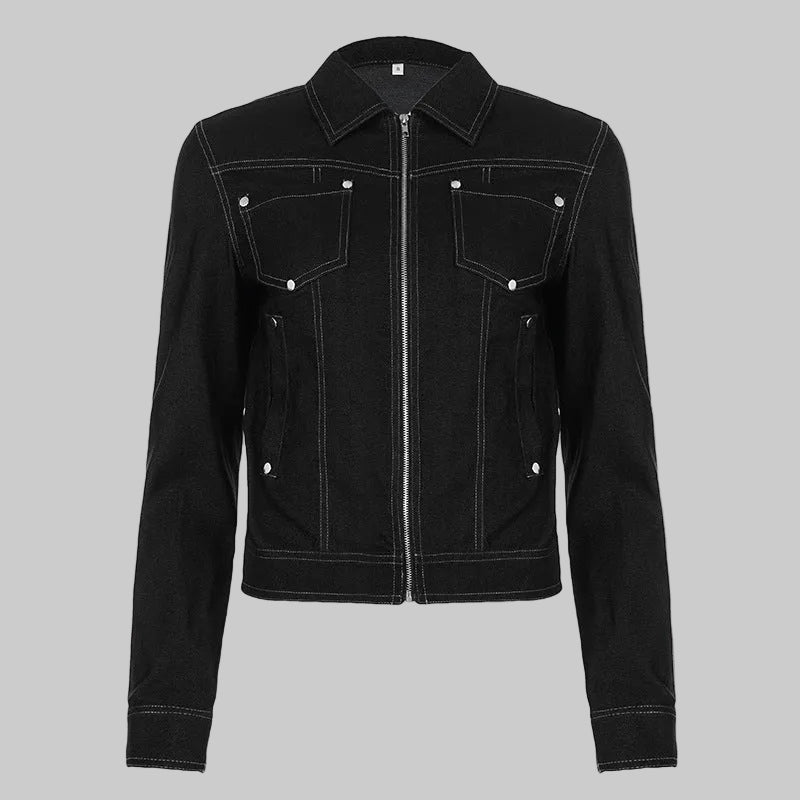 Street Casual Collared Elastic Imitation Denim Retro Zipper Jacket