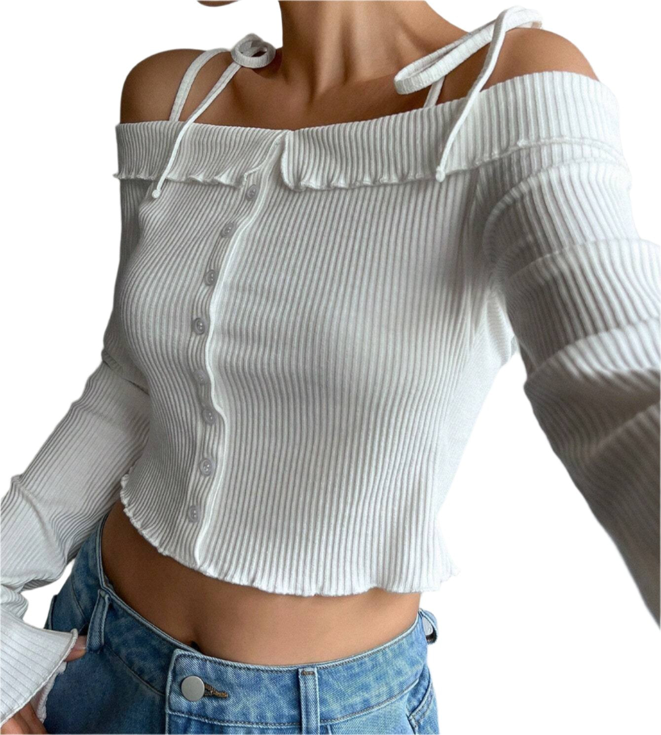 Simple Boat Collar Tie Strap Crop Long Sleeve Top