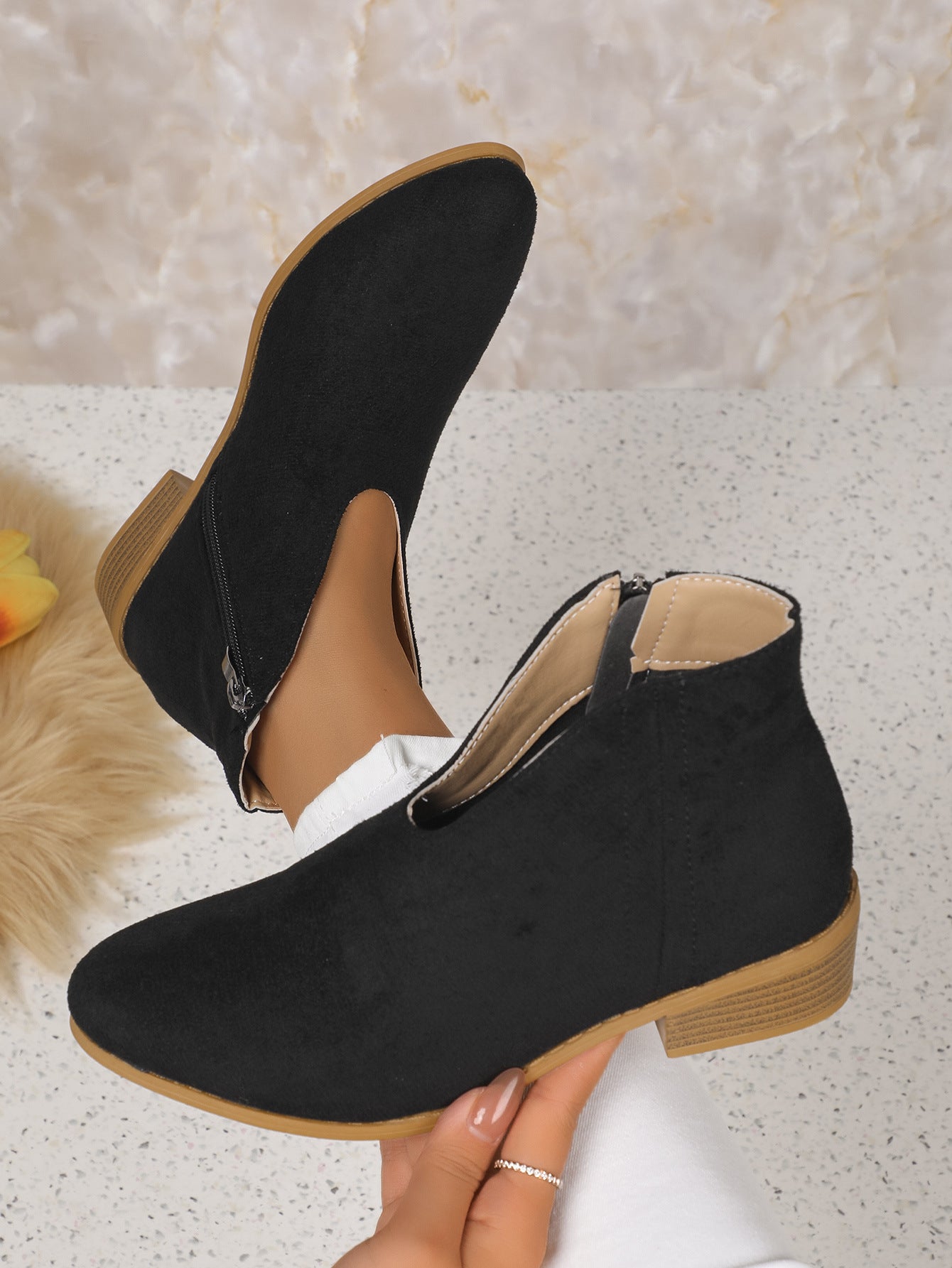 Side Zipper Round Toe V-Cut Suede Ankle Boots