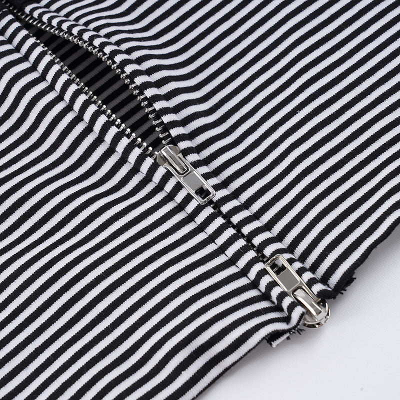 Striped Contrast Color Zipper Hooded Top Shorts Two Piece Set