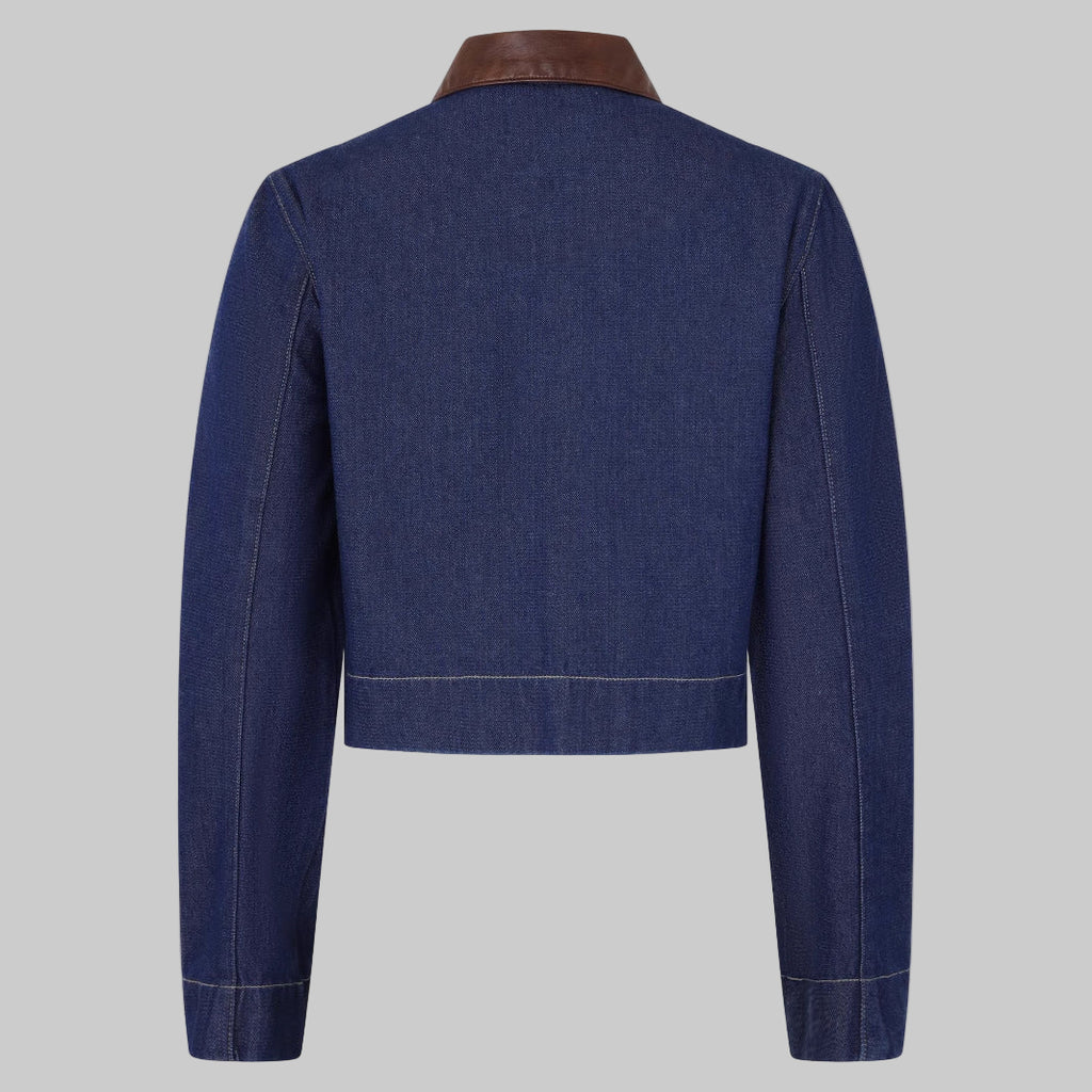 Button Embellishment with Leather Patchwork Collar Pocket Denim Jacket