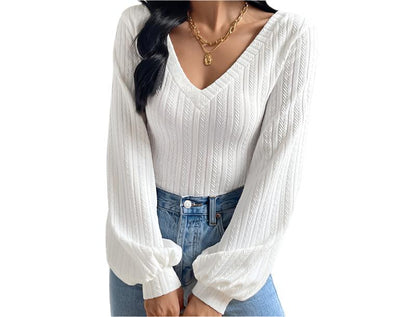 V-neck Puff Sleeve Knitted Long Sleeved Top