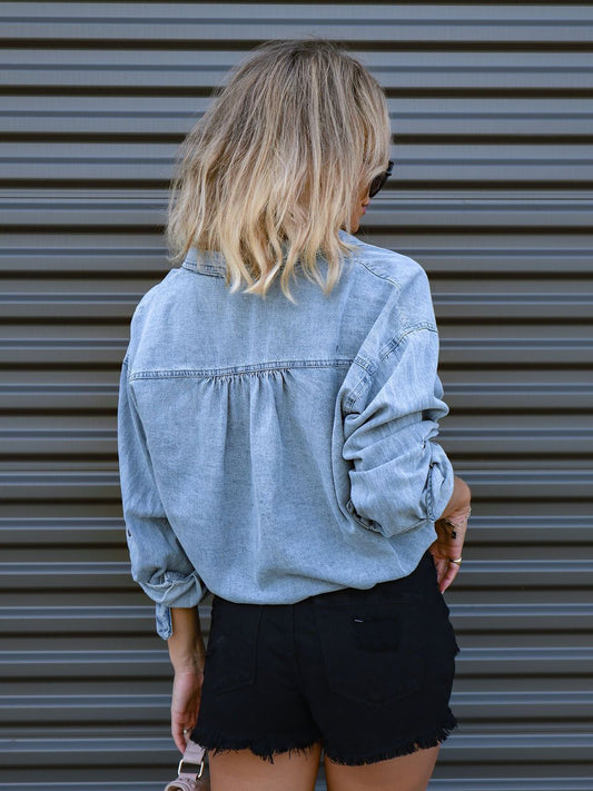 Denim Shirt Double Pocket Drawstring Loose Shirt