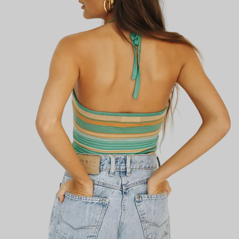 Knitted Striped Halter Top Skirt Set