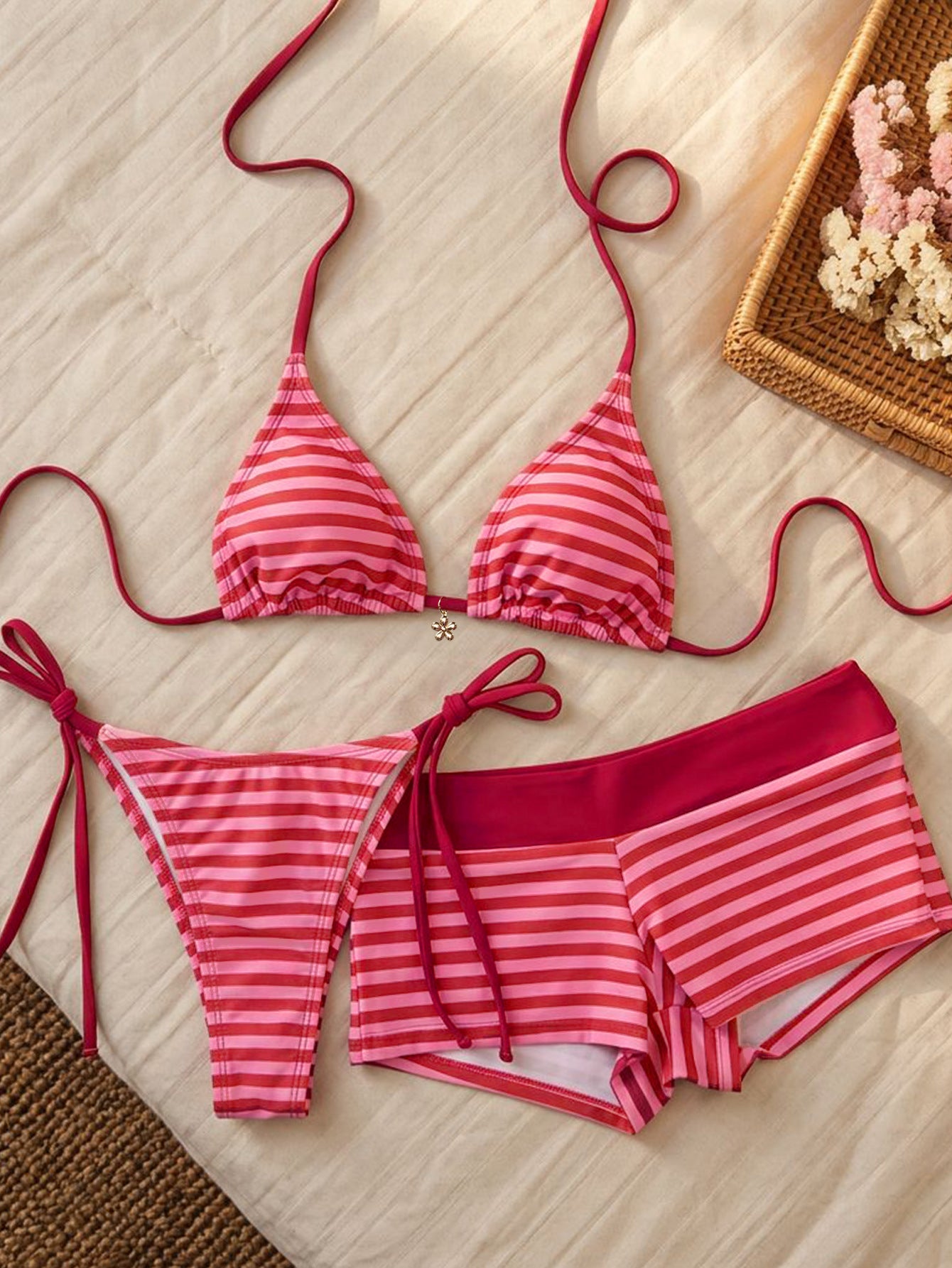 Striped Print Lace-up Boyshorts Bikini Three-Piece Set