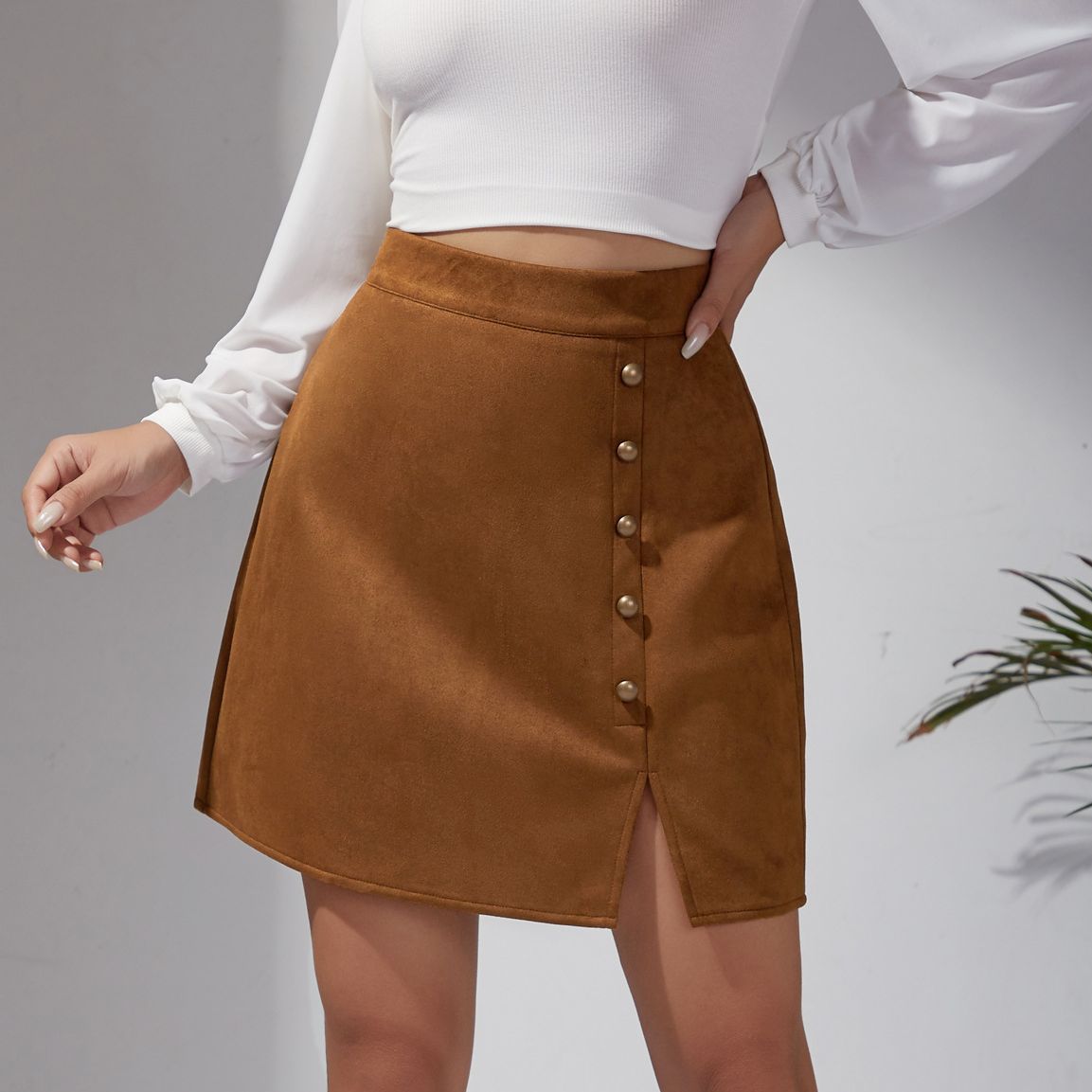 Suede High Waist Metal Buckle Hip Skirt