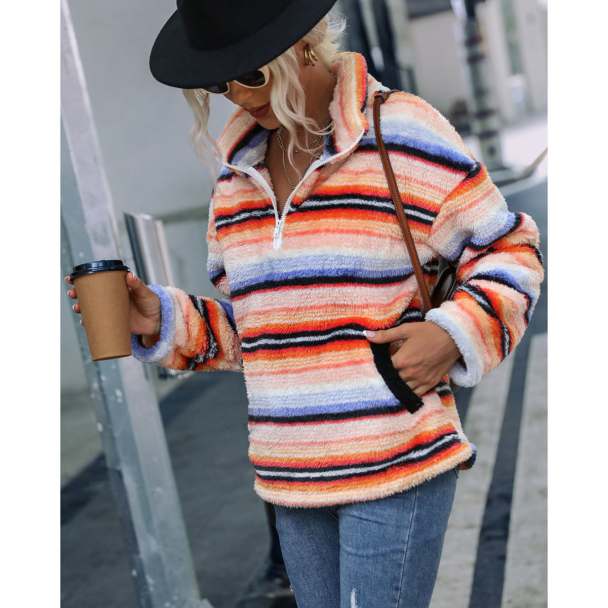 Mid Length Collared Plush Striped Printed Pullover Sweatshirt