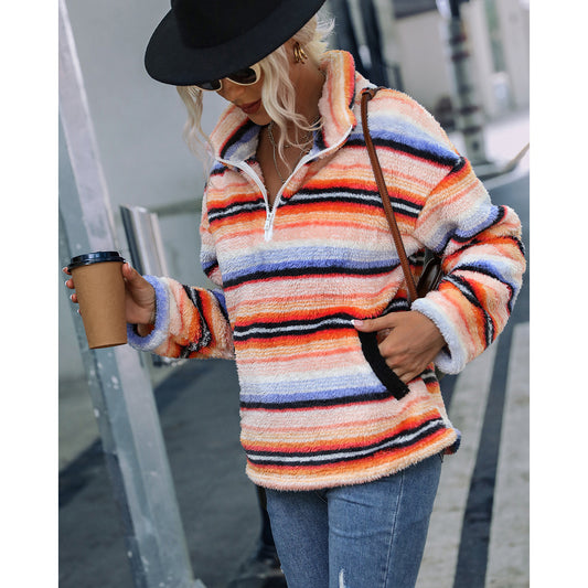 Mid Length Collared Plush Striped Printed Pullover Sweatshirt