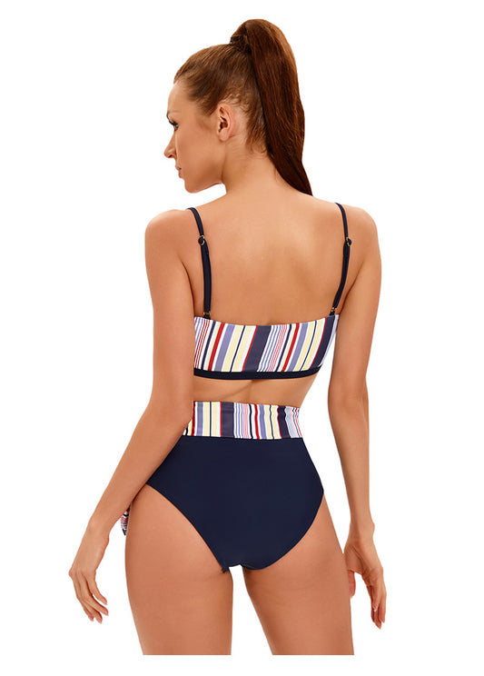 Striped Printed Split High Waist Bikini