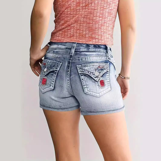 Embroidered Washed Denim Shorts