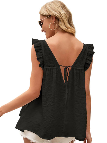 Simple Sweet Blouse V-neck Ruffled Sleeve Top