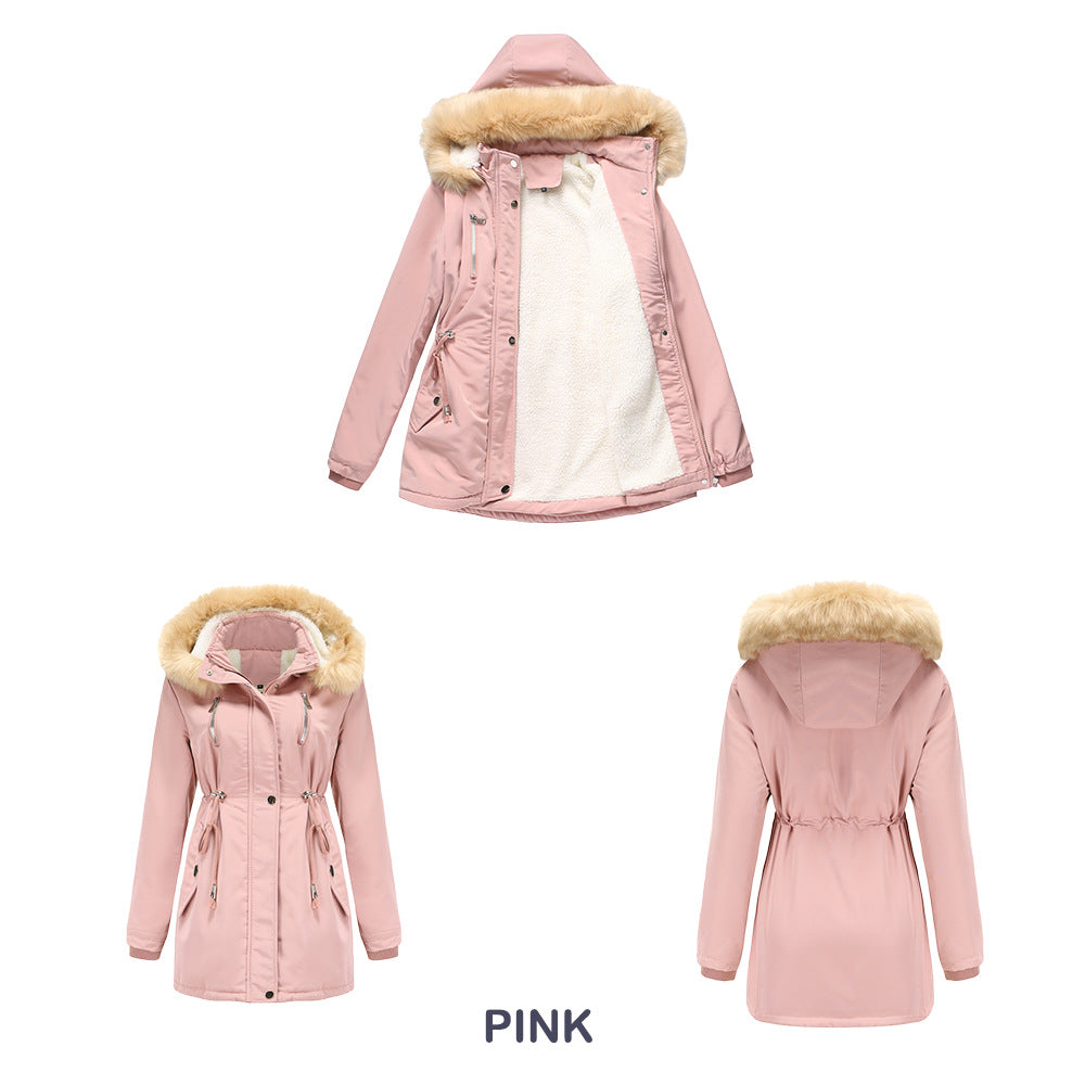 Thick Lambskin Cotton Detachable Fur Hoodie Fleece Padded Coat