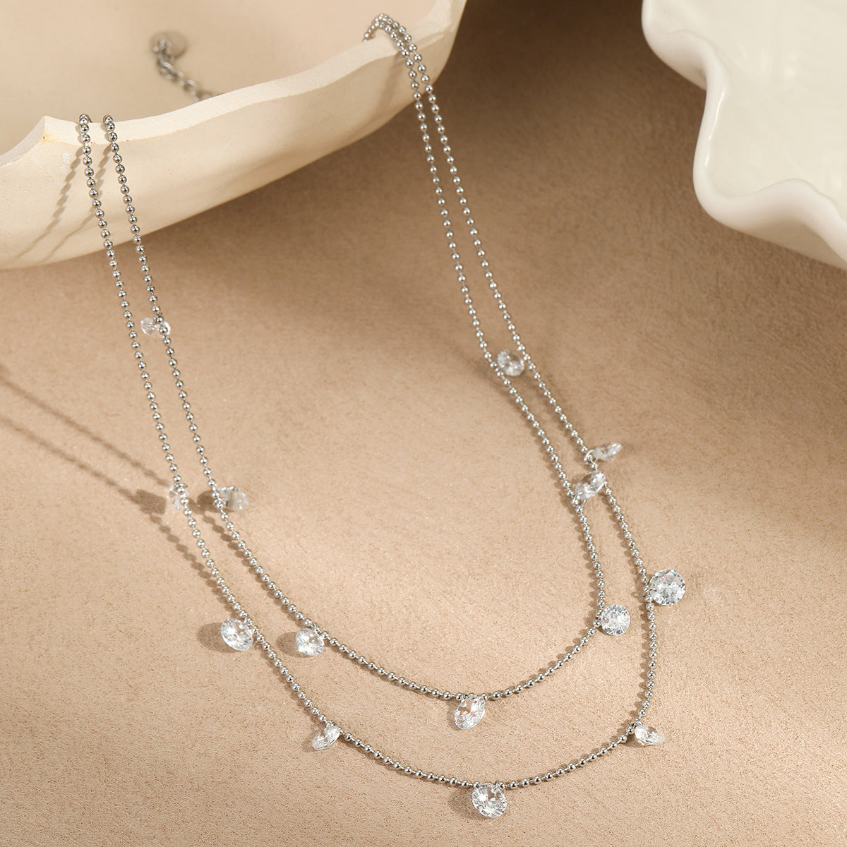 Titanium Steel Light Luxury Minority Color Zircon Multi Layer Twin 18K Gold Plating Necklace