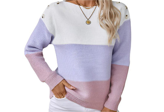 Contrast Color off Neck Button Pullover Sweater