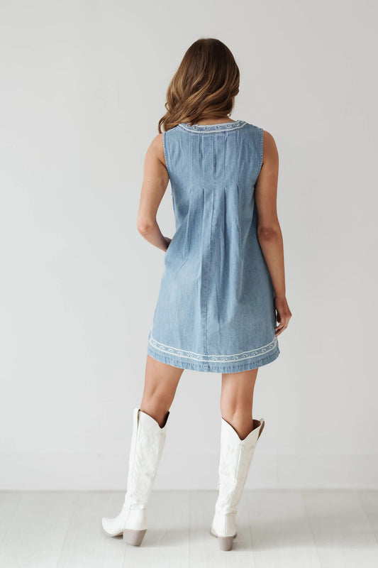Street Hipster Sleeveless Embroidered Denim Dress