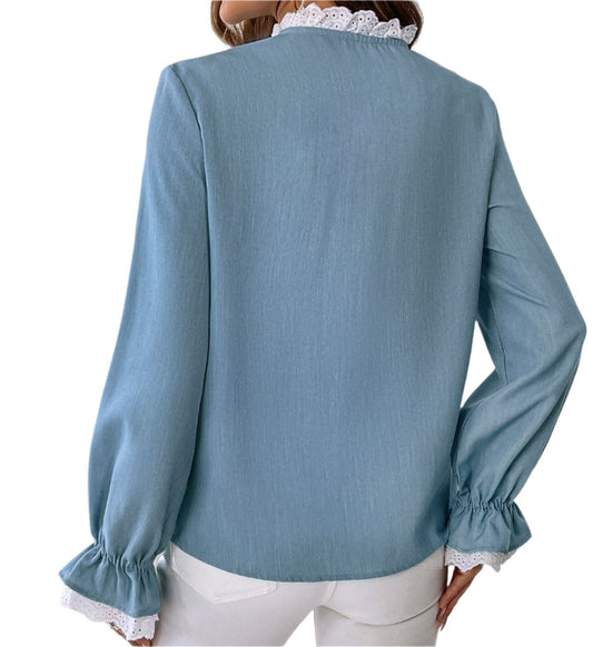 Lace Collar Blue Shirt