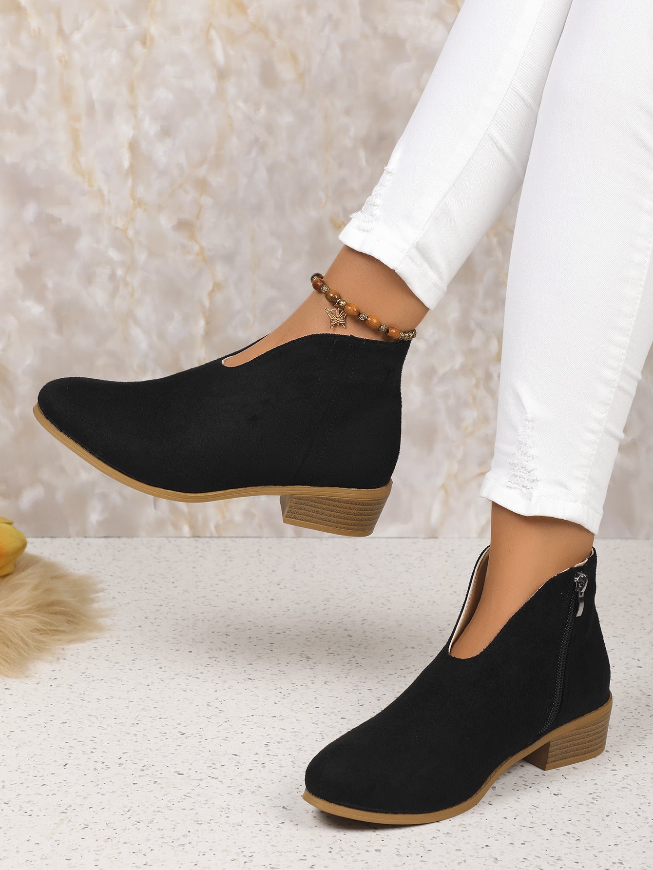 Side Zipper Round Toe V-Cut Suede Ankle Boots