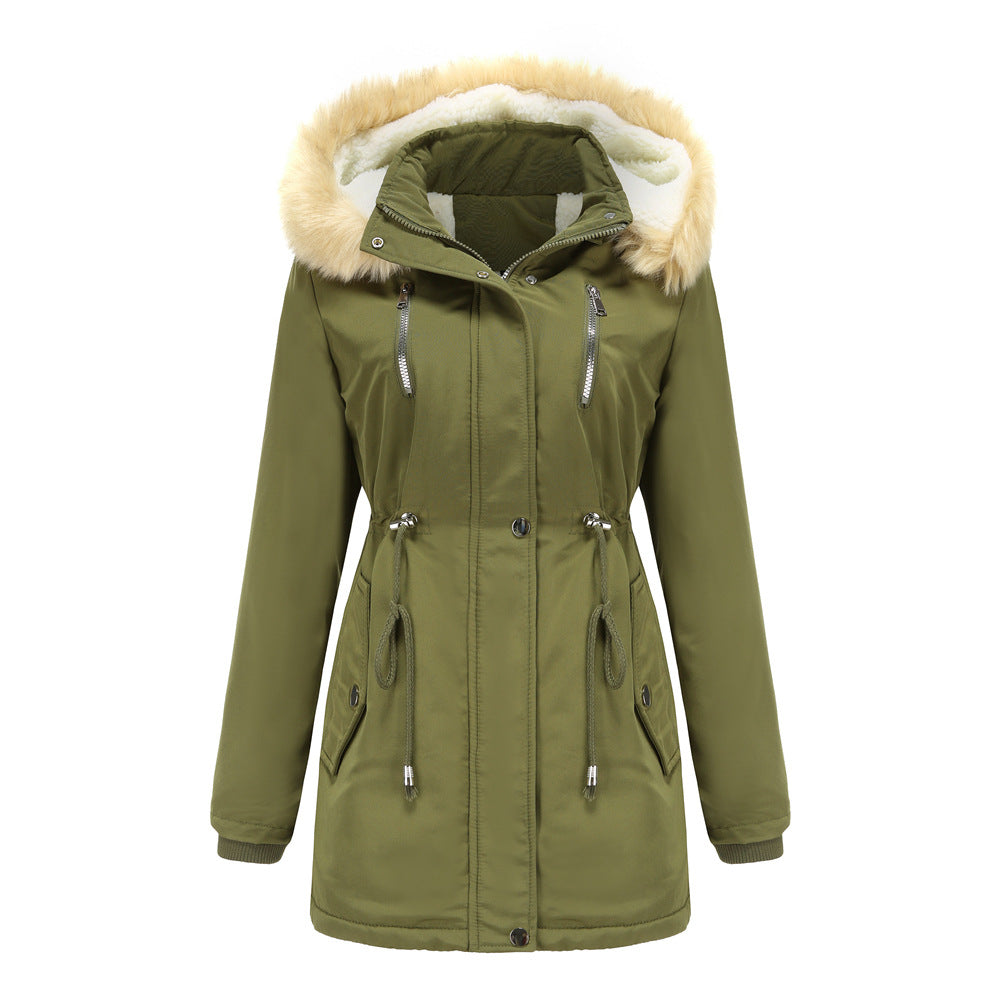 Thick Lambskin Cotton Detachable Fur Hoodie Fleece Padded Coat