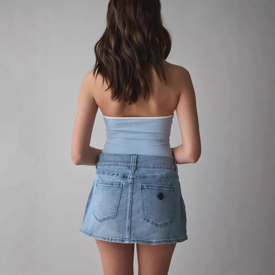 Double Button High Waist Slim Denim Skirt