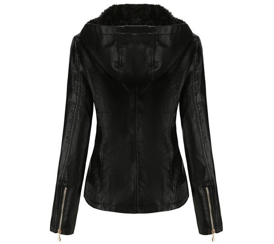 Hooded Leather Detachable Hat Long Sleeve Zipper Fleece-Lined Leather Jacket