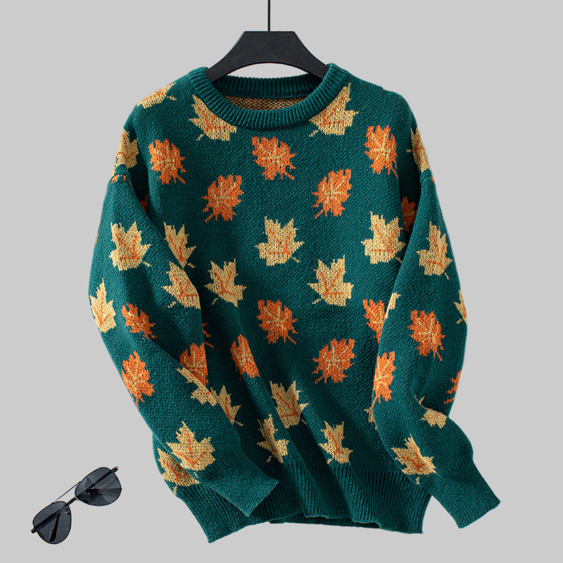 Autumn Maple Leaf Pattern Jacquard Casual Pullover Sweater Tamra.Shop.Social