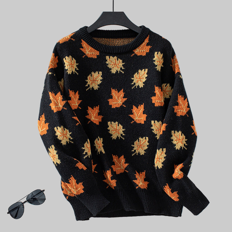 Autumn Maple Leaf Pattern Jacquard Casual Pullover Sweater Tamra.Shop.Social