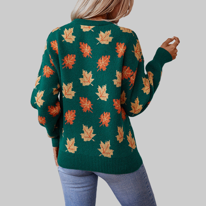 Autumn Maple Leaf Pattern Jacquard Casual Pullover Sweater Tamra.Shop.Social