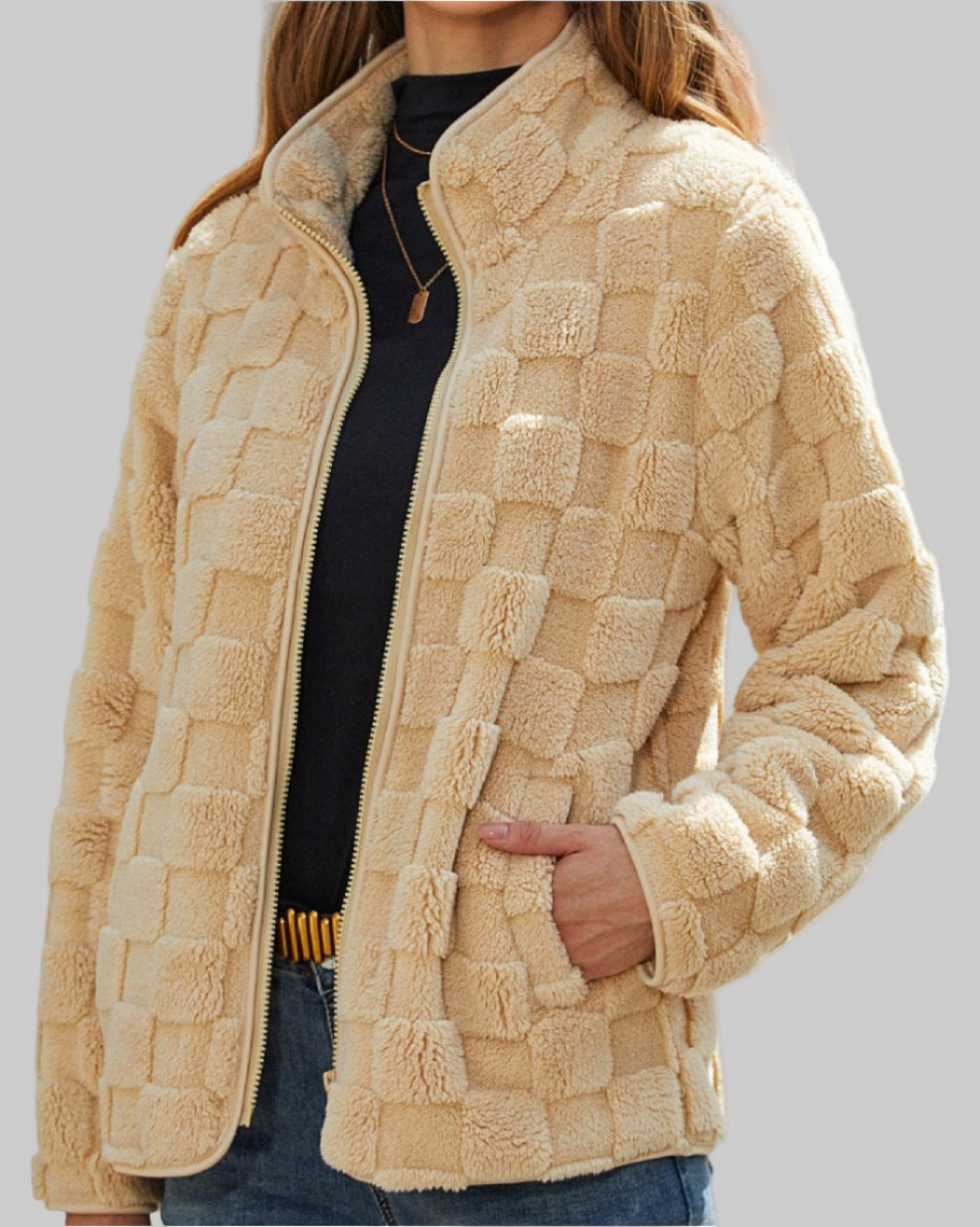 Autumn Winter Long Sleeve Zipper Plaid Plush Coat Tamra.Shop.Social