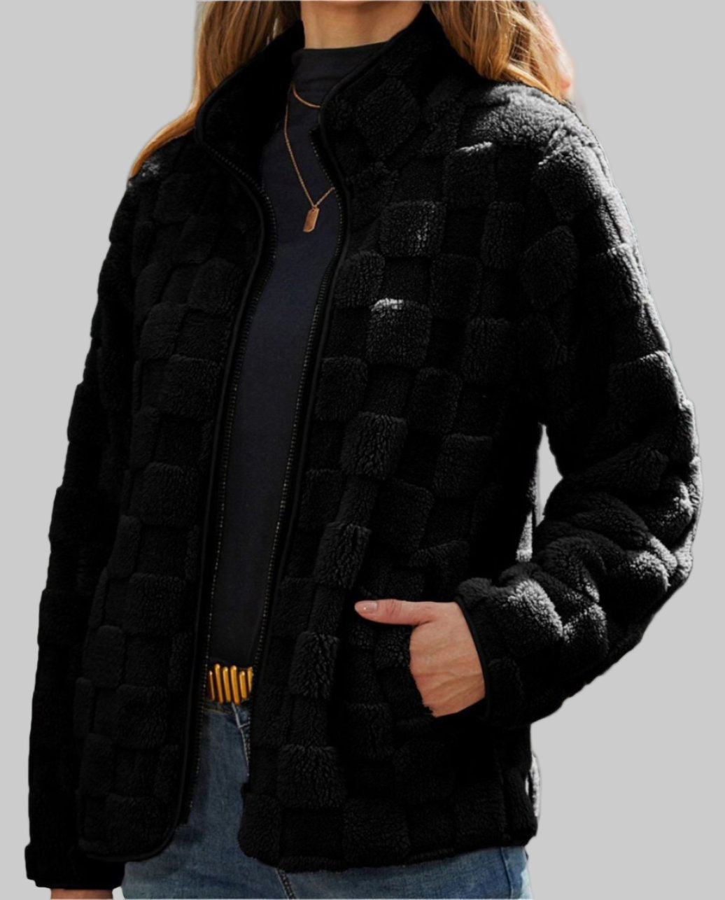 Autumn Winter Long Sleeve Zipper Plaid Plush Coat Tamra.Shop.Social