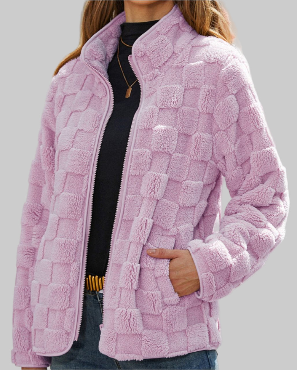 Autumn Winter Long Sleeve Zipper Plaid Plush Coat Tamra.Shop.Social