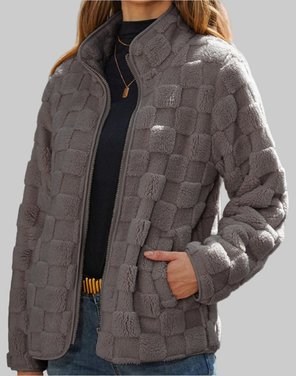 Autumn Winter Long Sleeve Zipper Plaid Plush Coat Tamra.Shop.Social