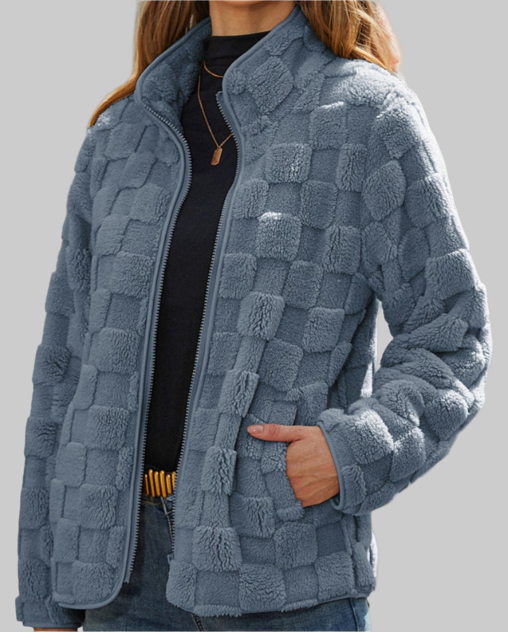 Autumn Winter Long Sleeve Zipper Plaid Plush Coat Tamra.Shop.Social