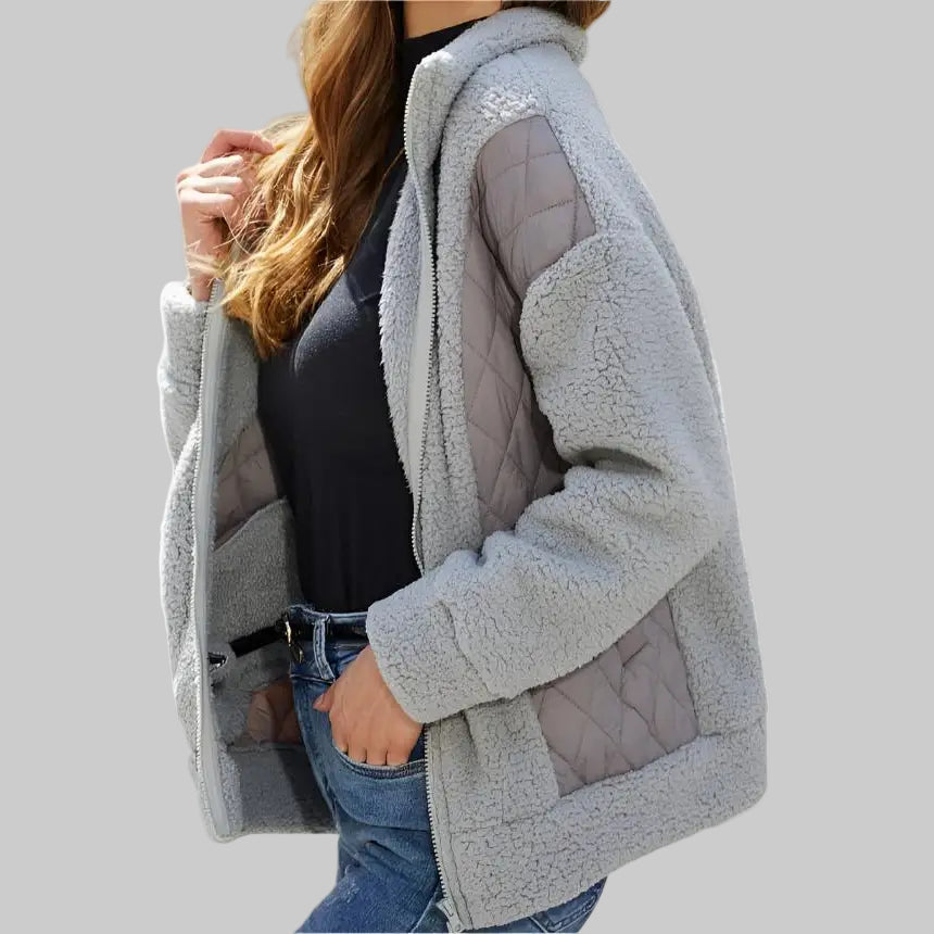 Autumn Winter Long Sleeve Zipper Plush Stitching Coat - Outerwear